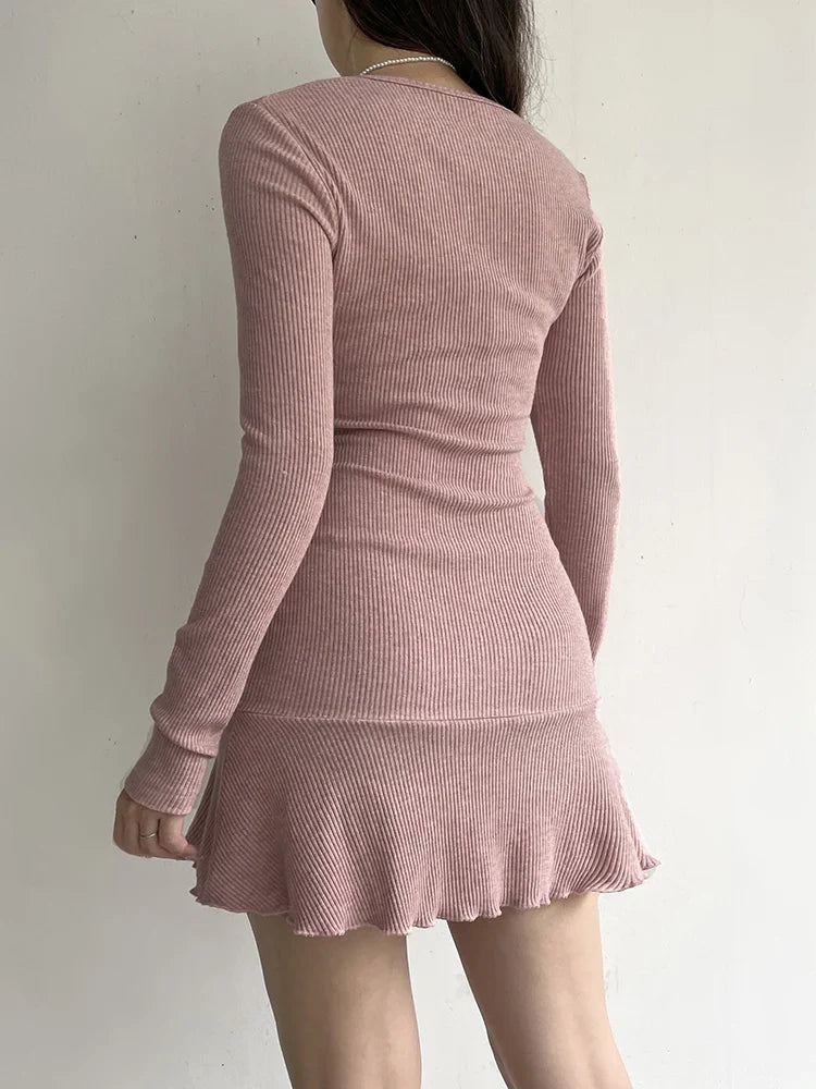 xsrrr DRESS TO IMPRESS Elegant Knitted Mini Dresses Women Autumn Y2K Aesthetics Sweet Slim Long Sleeve Square Collar Dress Solid Casual Korean