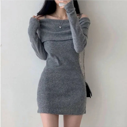 xsrrr Off Shoulder Suspender Lapel Knit Dress Women Korean Sexy Slim Bottomed Mini Dresses Autumn Winter Solid Suspender Sweater Dress