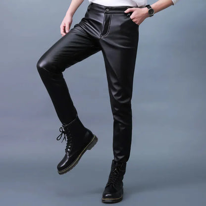 Men Leather Pants Slim PU Leather Trousers Fashion Elastic Motorcycle Leather Pants Waterproof Oil-Proof Male Bottoms Oversized