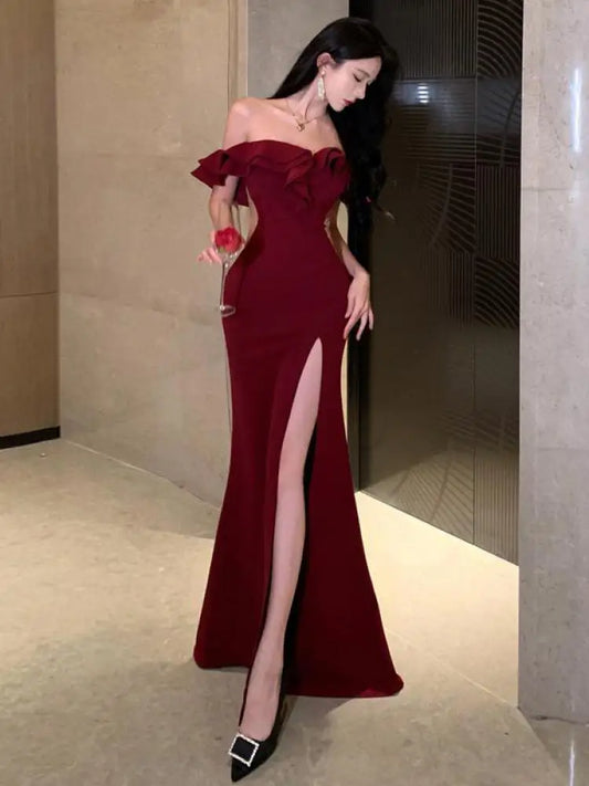 xsrrr DRESS TO IMPRESS Red Sexy Club Backless High Split Ruffles Wrapped Hip Dress Elegant Luxury Off Shoulder Party Evening Dresses Women Summer