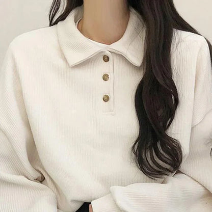 xsrrr Fall Winter Ribbed Pullovers Women Casual Simple Preppy Style Student Turndown Collar Sweater Korean Button-up Blouses