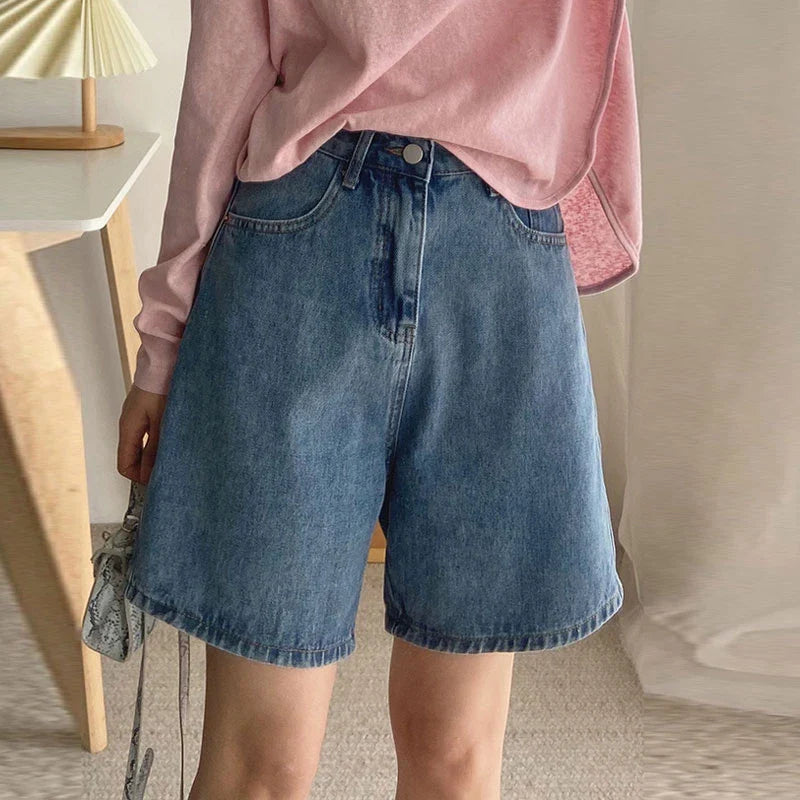 xsrrr 2024 Classic Denim Shorts Women Summer Blue High Waisted Shorts Casual Wide Leg Pants Stright Jeans Womens Shorts