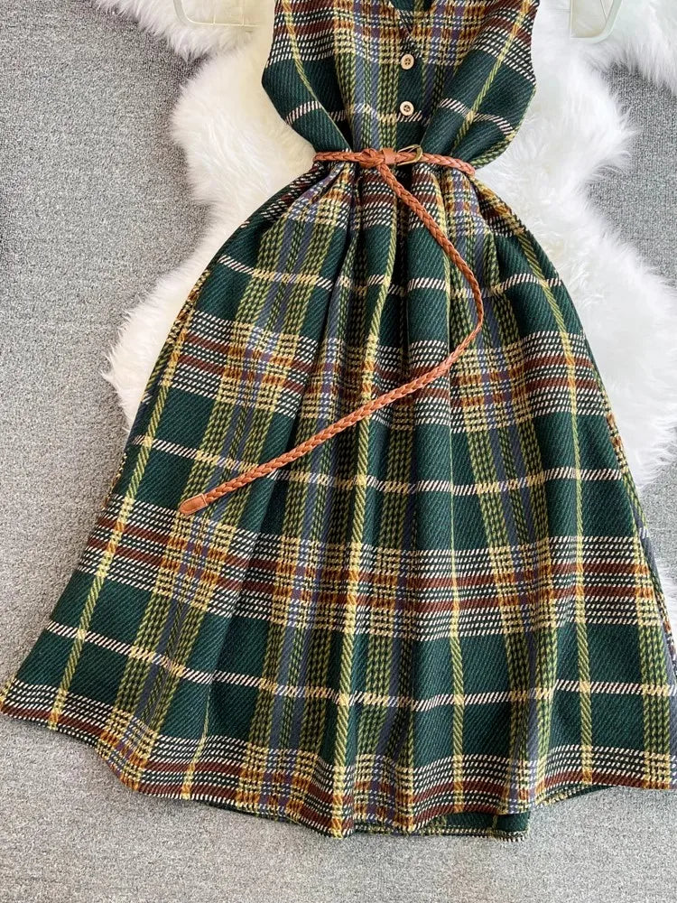 xsrrr Autumn Winter Plaid Woolen Dress Women Vintage V Neck Sleeveless Long Dress With Belt Streetwear Sundress