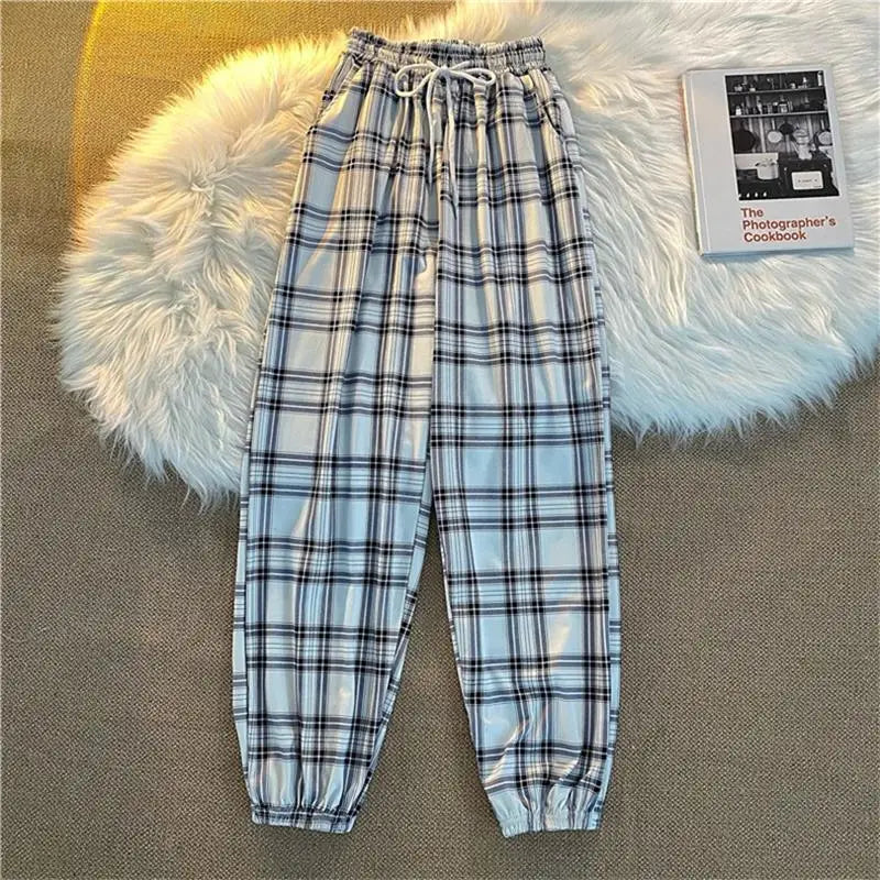 xsrrr Casual Pants for Women Korean New Fashion Loose Black Plaid Summer Harajuku Students Harem Long Pants Streetwear Trousers Chic