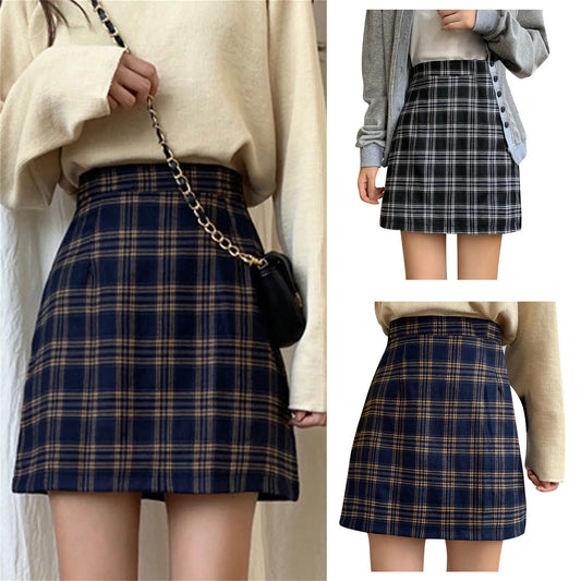 xsrrr Plaid Women Mini Skirt Summer A-Line Female Pleated Casual High Waist Women Girls Short Streetwear Student Skirts