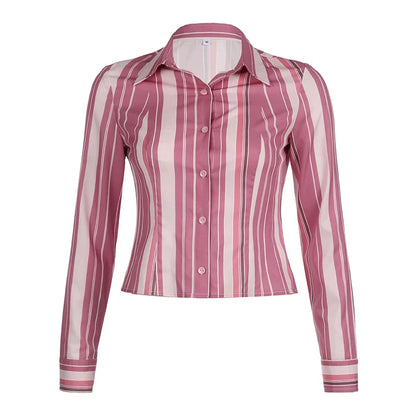 xsrrr Vintage Striped Print Blouse Pink Button Up Full Sleeve Crop Top for Women y2k Sweet Tees Autumn Fashion Streetwear Shirt