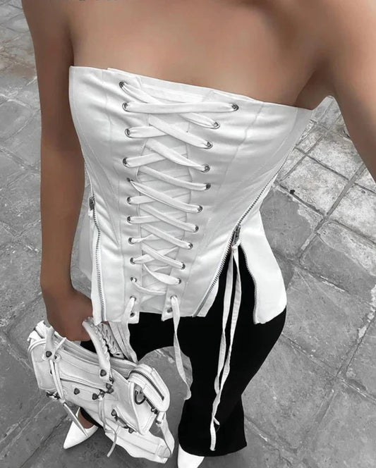 xsrrr Streetwear Lace -up Bandage Corset Bodycone Off Shoulder Chic Aesthetic Y2K Crop Top Women Korean Summer Bustiers Camis