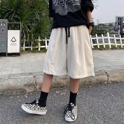 Brown Corduroy Shorts Oversized Baggy Five Point Trousers Summer Korean Fashion Wide Leg  Ins Hip Hop Bottoms Men