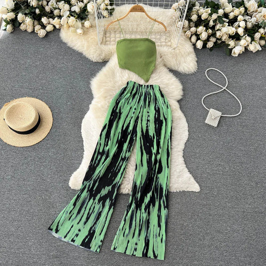 xsrrr Summer Spaghetti Strap Crop Tops and Pantsuit Women Elegant Floral Casual Chic Beach Holiday Outfits Female Sexy 2 Pieces Set