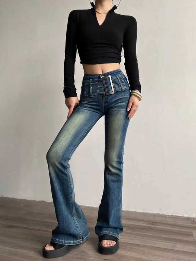 xsrrr 90s Retro Black Blue Belt Flare Jeans for Women Distressed Bootcut Pants High Waist Slim Fit Bell Bottoms Y2k Trousers