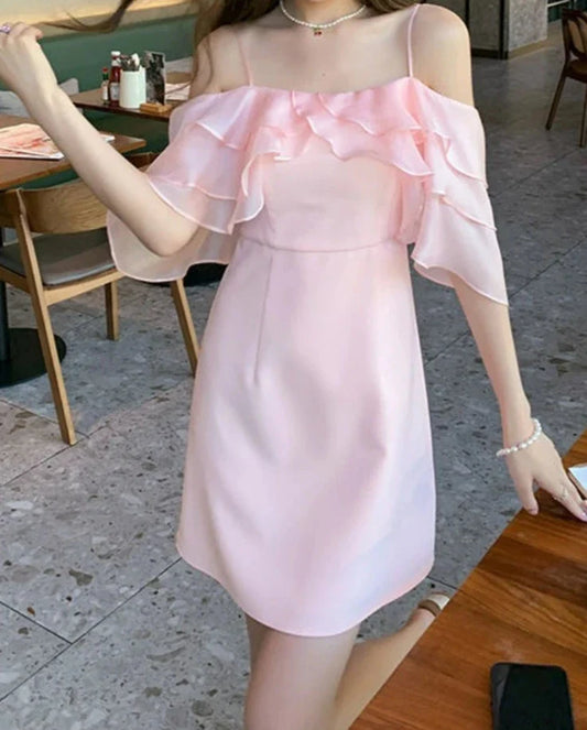 xsrrr DRESS TO IMPRESS Pink Sweet Fairy Dress Women Ruffles Design Sexy Party Mini Dress Female Spring Elegant Princess Casual Korean Strap Dress