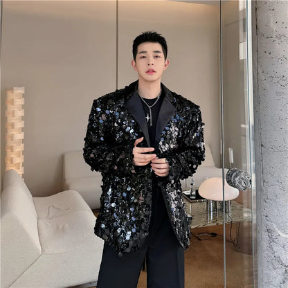 Men's Sequins Blazer Glitters Bling Suit Jacket Singer Stage Shiny Clothing Black Silver Oversize Party Suit Coat Man