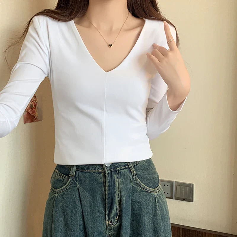 xsrrr Casual Cotton V Neck Long Sleeve T-shirt Women Spring Autumn Fashion Shoulder Pad Slim Fit Female Tops Ladies Basic Elastic Tees