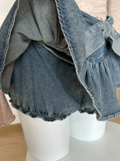 xsrrr A-line Women Denim Blue Jean Skirts Shorts Summer Bow Hot Girls Mini Skirt Streetwear Sexy Y2k Irregular Kawaii Coquette