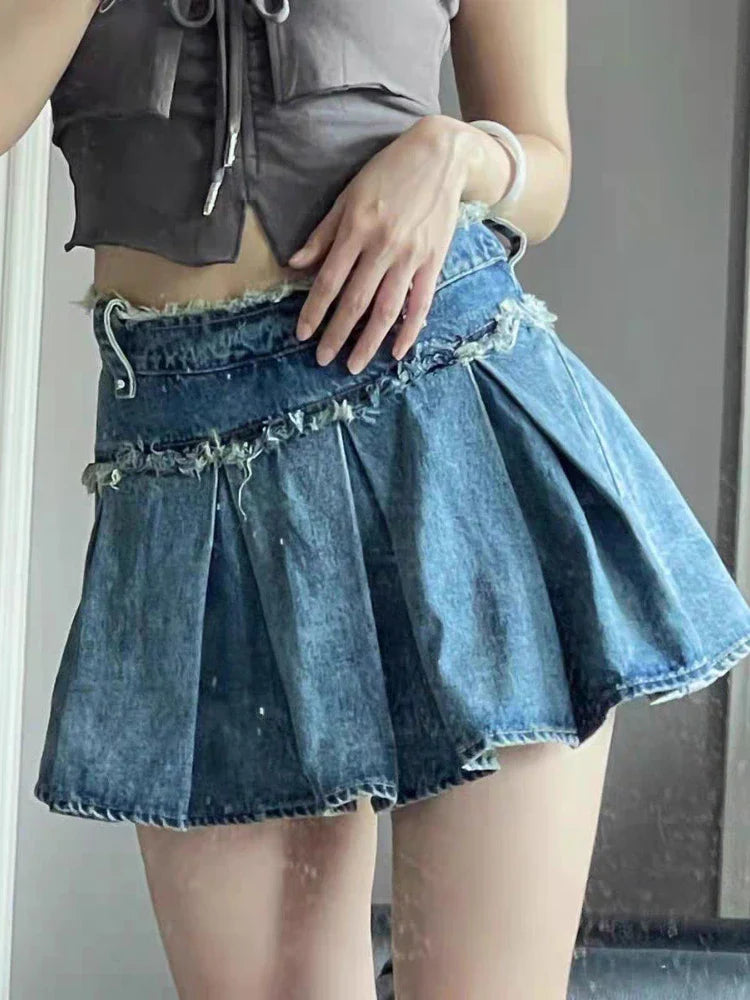 xsrrr Streetwear Pleated Skirt Denim Women Sexy Y2k Mini Skirt Summer Chic High Waist Korean Fashion Slim Aesthetic Harajuku