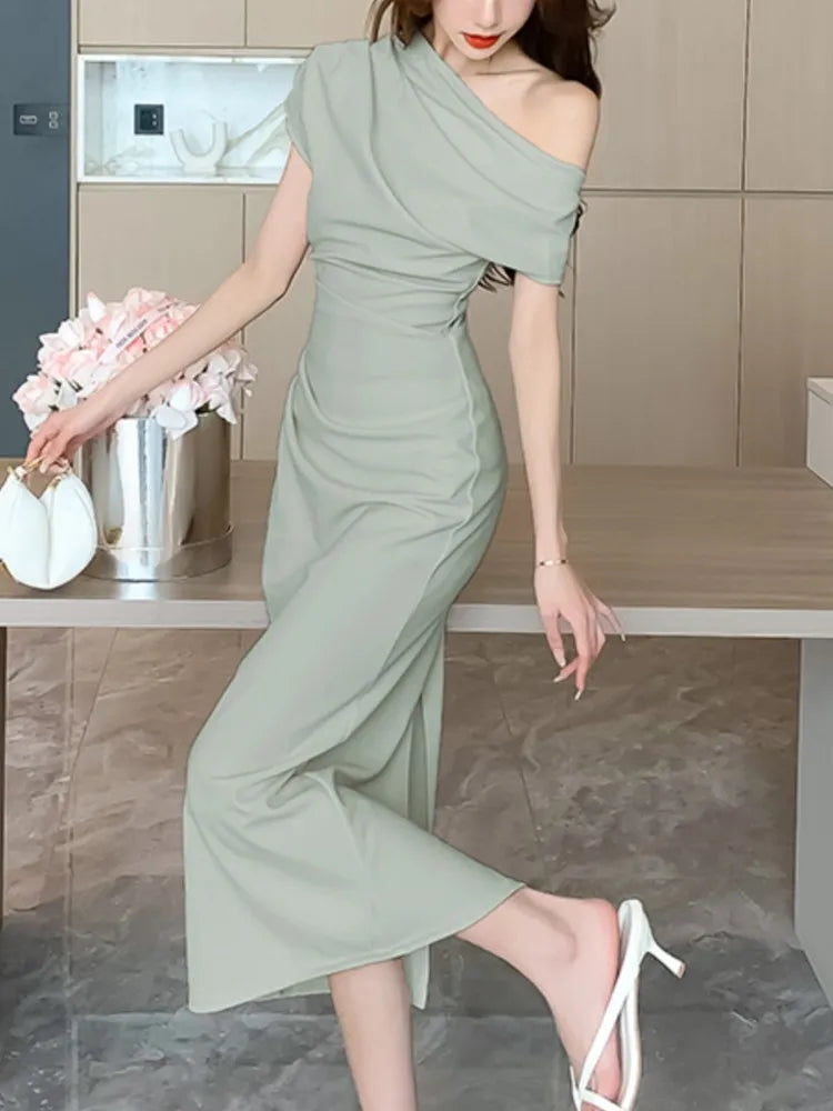 Hnewly DRESS TO IMPRESS Elegant Off Shoulder Evening Party Dresses Women Summer Fashion Slim One Piece Solid Vestidos Korean Graduation Robe Clothing