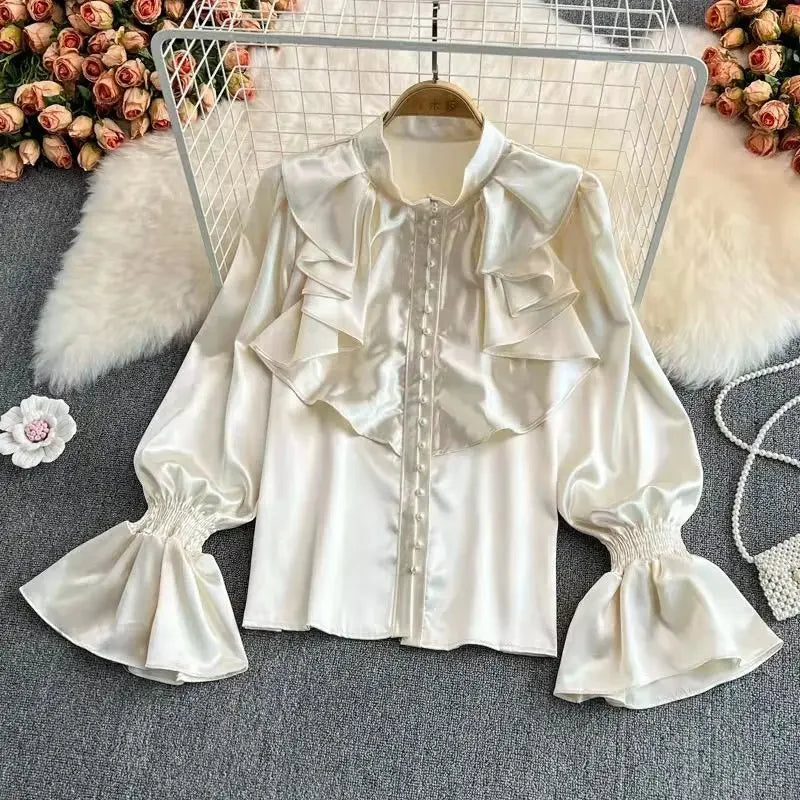 xsrrr Vintage Solid Blouses Women Elegant Acetate Satin Stand Collar Flare Sleeve Design New Chic Sweet Loose Ruffles Female Mujer