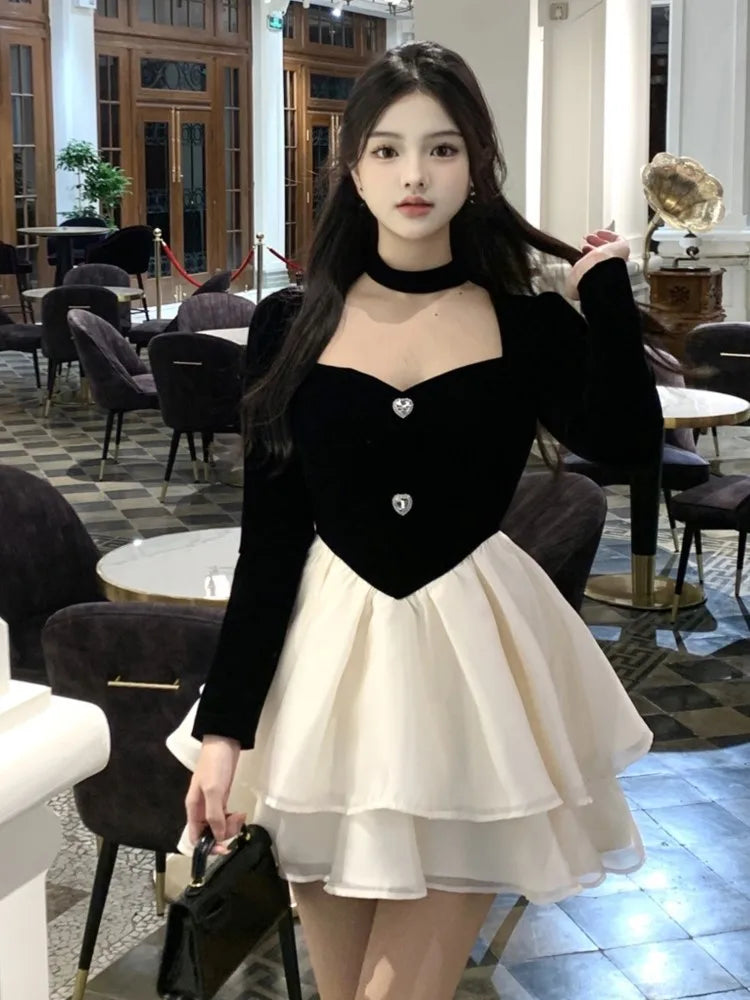 Hnewly DRESS TO IMPRESS Y2K Mini Princess Dress Women Velvet Patchwork Layered Ruffles A-Line Autumn Spring Elegant Vintage Evening Party Vestidos Mujer