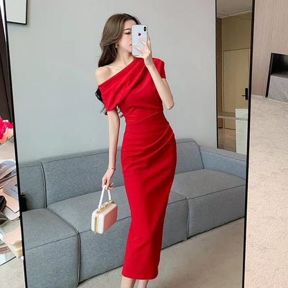 xsrrr Summer Fashion Elegant Off Shoulder Evening Party Dresses Sexy Vintage Casual Prom Birthday Vestidos Female Chic Clothes Robe