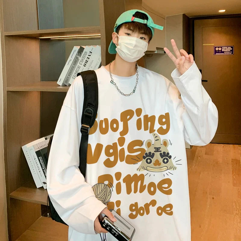 Letter Printing O-Neck Sweatshirt Men's Autumn Retro Cartoon Graphic Tops Oversize Couple's Fit Harajuku Y2k Sweatshirt Up To5XL