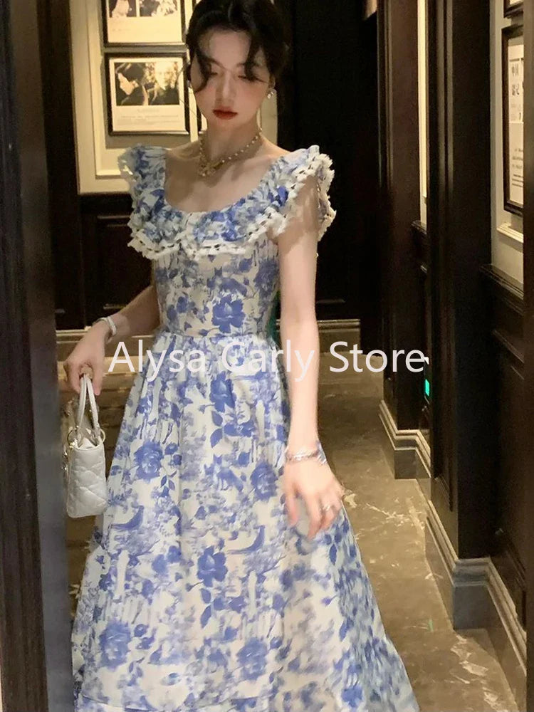 xsrrr DRESS TO IMPRESS Elegant Korean Fairy Long Dress Women Sexy Ruffles Party Slip Floral Dress Korean Style Summer Dress Female 2024 Casual Fashion