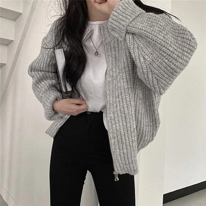 xsrrr Autumn Women's Knitted Jacket New Korean Chic Casual Sweater Coat Solid Color Zipper Thick O Neck Cardigans Women