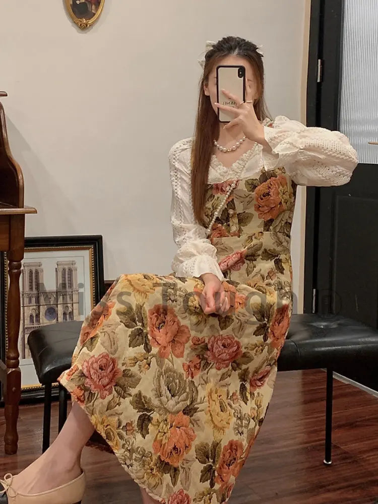 xsrrr Print Retro Elegant Fairy Dress Women Lace Korean Style Evening Party Midi Dress French Vintage Floral Dress Female Summer