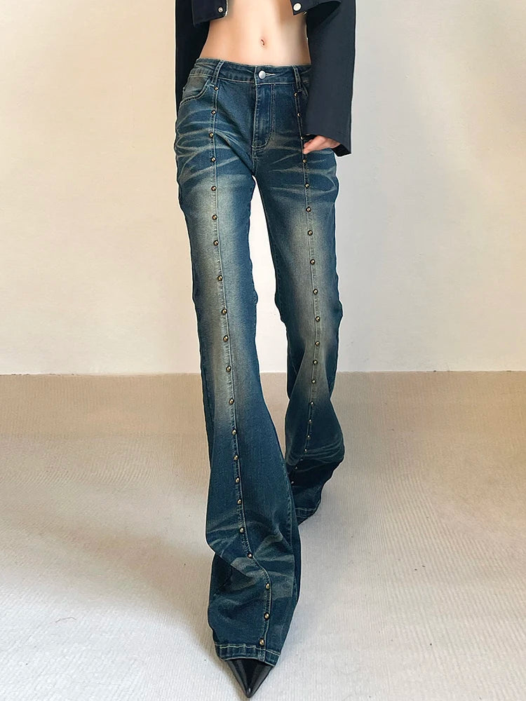 xsrrr Vintage Low Waist Flare Jeans Women Y2K Chic Rivet Slim Pencil Jean Pants Streetwear Fashion Retro Denim Trouser Korean