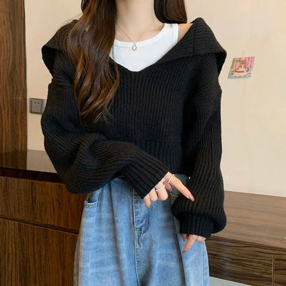 xsrrr Long Sleeve Cropped Sweater Women Autumn Winter Turn Down Collar Knitted Jumper Woman Korean Style Solid Color Jerseys