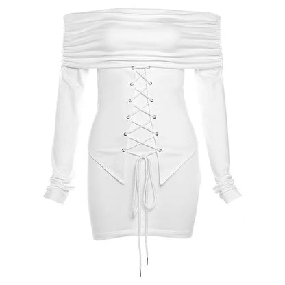 xsrrr DRESS TO IMPRESS Autumn White Dresses Women Y2k Sexy Off Shoulder Fake Two Piece Solid Slim Fashion Dress Long Sleeves Lace Up Mini Dress Bodycon