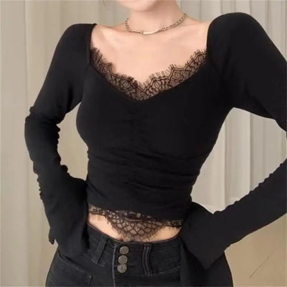 xsrrr FALL OUTFIT Korean Crop Top Autumn Women Aesthetic V-neck Lace Patchwork Solid Color Tops Sexy Skinny Casual Long Sleeve T-shirt