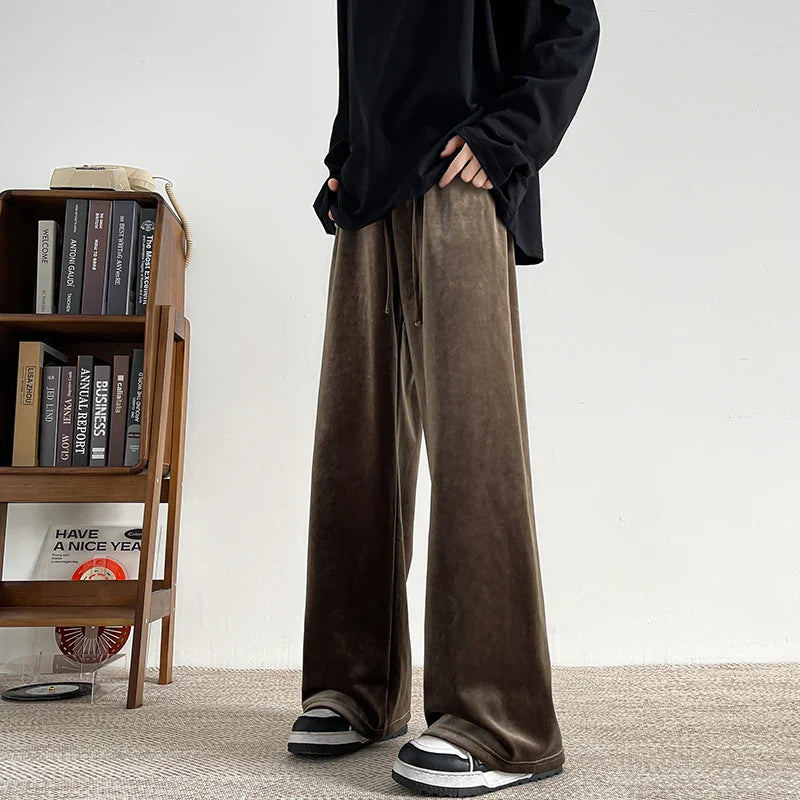 Korean Style Pleuche Casual Pants Mens Fashion Wide-leg Mopping Trousers Male Oversize Straight Droop Pants Plus Size 8XL-M