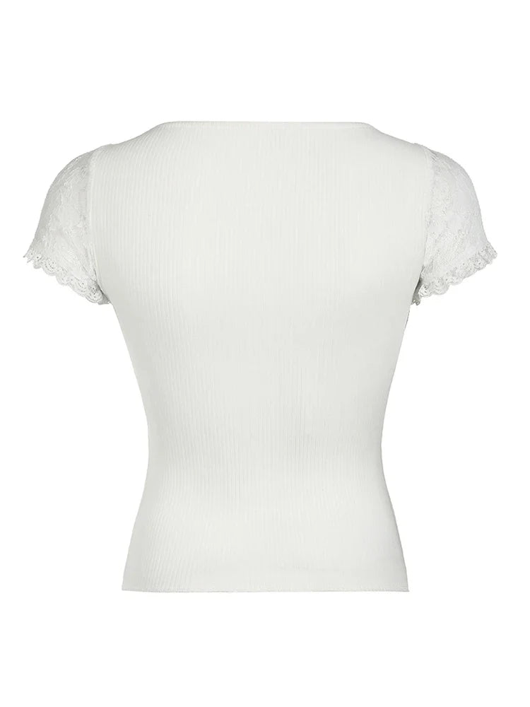 xsrrr Sweet Y2K Ruched Square Collar Lace Sleeve White T Shirt Women Pink Bow Cute Kawaii Balletcore Clothes