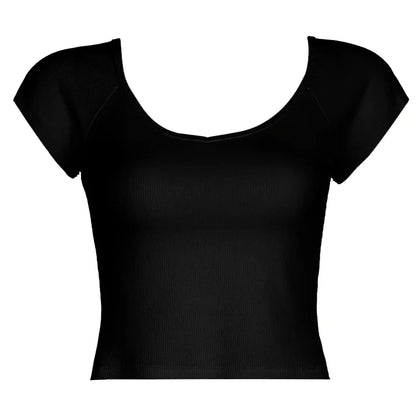 xsrrr Solid Black Knitted Crop Top Women Summer Casual Short Sleeve Skinny V Neck T-shirt y2k Vintage Basic T Shirt Streetwear