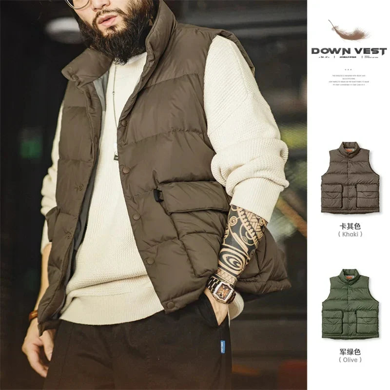 Men's 90% White Duck Down Waistcoat Casual Light Warm Stand-up Collar Vest Autumn Amekaji Oversize Thick Vest Jacket