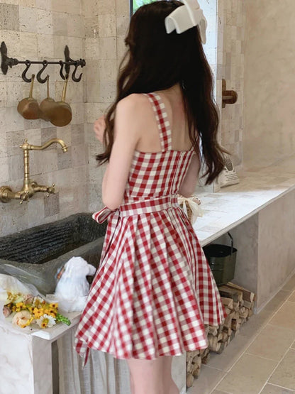 xsrrr DRESS TO IMPRESS Sweet Plaid Dress for Women Summer Fashion Elegant Chic Strap Mini Dress Female Birthday Even Party Korean Style Dress Slim