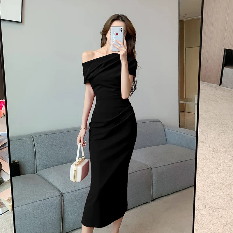 xsrrr Summer Fashion Elegant Off Shoulder Evening Party Dresses Sexy Vintage Casual Prom Birthday Vestidos Female Chic Clothes Robe