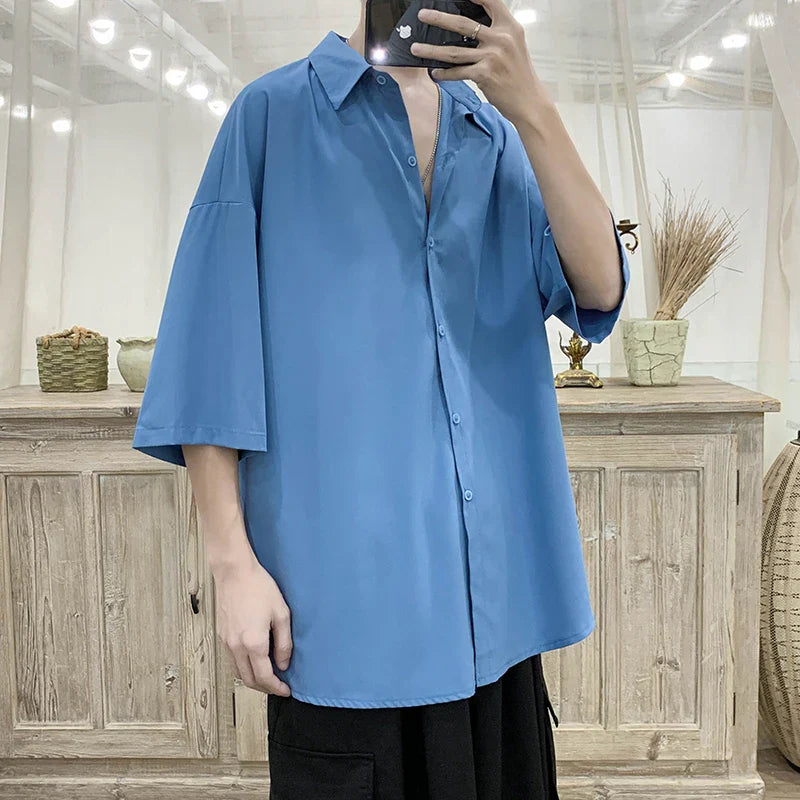 Summer Short Sleeved Shirt Men Oversized Fashion Society Mens Dress Shirt Korean Loose Ice Silk Shirt Mens Office Formal Shirts