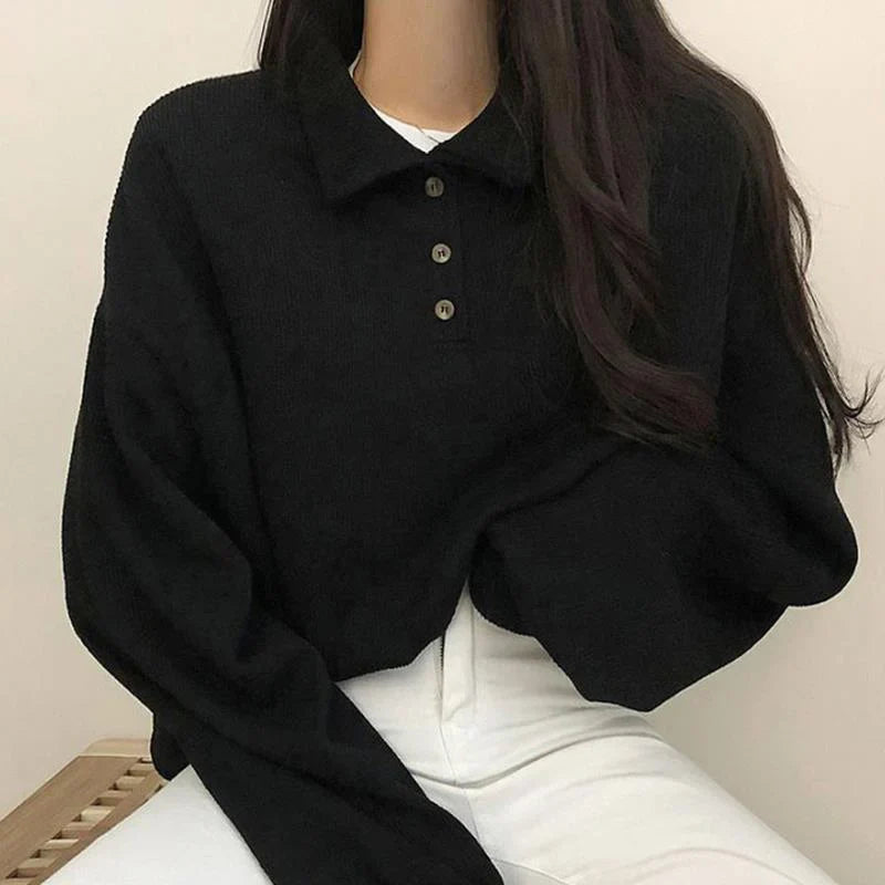 xsrrr Fall Winter Ribbed Pullovers Women Casual Simple Preppy Style Student Turndown Collar Sweater Korean Button-up Blouses