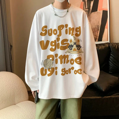 Letter Printing O-Neck Sweatshirt Men's Autumn Retro Cartoon Graphic Tops Oversize Couple's Fit Harajuku Y2k Sweatshirt Up To5XL