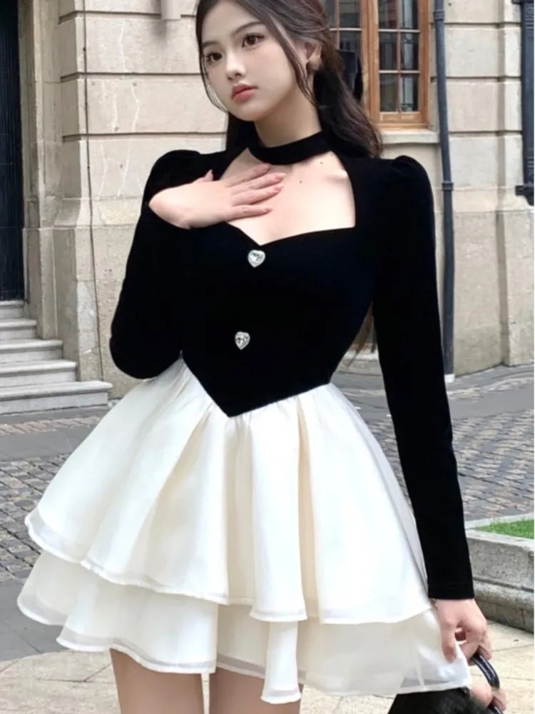 Hnewly DRESS TO IMPRESS Y2K Mini Princess Dress Women Velvet Patchwork Layered Ruffles A-Line Autumn Spring Elegant Vintage Evening Party Vestidos Mujer