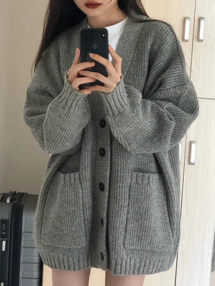 xsrrr Autumn Winter Women Cardigan Sweater Coats Fashion Female Long Sleeve V-neck Loose Knitted Jackets Casual Sweater Cardigans