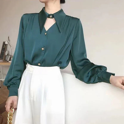 xsrrr 2024 Chic Trend lantern Long Sleeve Shirt Summer New French Hollow Satin Office Lady's V-Neck Elegant Blouses Solid Vintage Top