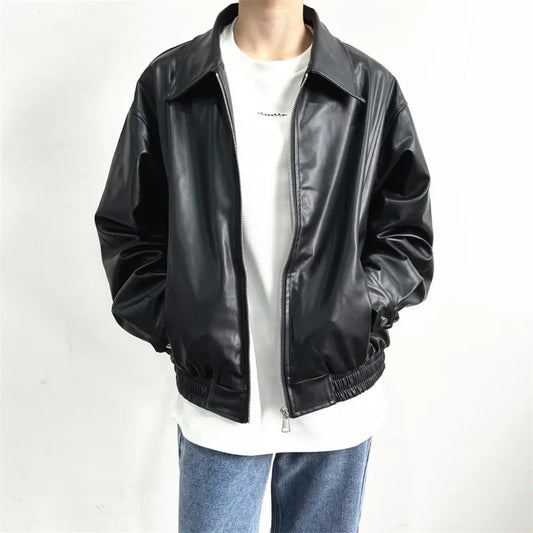 Short Leather Jacket Men Oversized Zipper Motorcycle Jackets Men Streetwear Hip-hop Loose Bomber Jacket Mens Korean Coat M-2XL