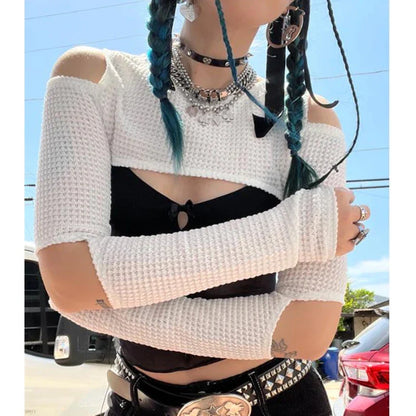 xsrrr y2k Gothic Top Summer Women Hollow Out Cold Shoulder Long Sleeve Crop T-shirt 2000s Aesthetic Streetwear E Girl Clothes