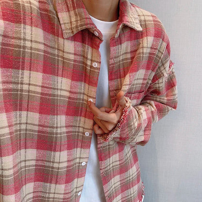 2024 Loose Casual Pink Plaid Shirt Tops men's Clothing Autumn Retro Versatile Cotton Lapel Oversize Long Sleeve Shirt Blouse