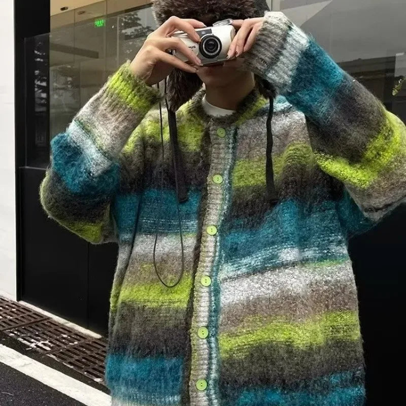 Striped Knitted Sweater Coat Men Japanese Y2K Oversize Casual Autumn Winter Loose V-Neck Cardigan for Men Rainbow Color