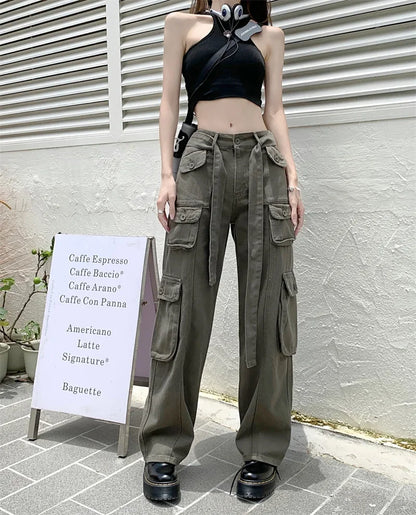 xsrrr American Spice Girls Pink Jeans High Waist Vintage Street Multi Pocket Cargo Pants Women Design Sweet Cool Wide Leg Pants New