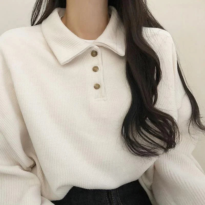 xsrrr Fall Winter Ribbed Pullovers Women Casual Simple Preppy Style Student Turndown Collar Sweater Korean Button-up Blouses