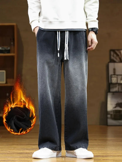 Winter Men's Oversized Jeans Thicken Velvet Warm Denim Pants Wide-Leg Straight Thermal Fleece Baggy Jean Trousers